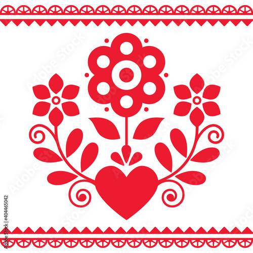 Polish folk art vector design with flowers and heart perfect for Valentine's Day greeting card or wedding invitation