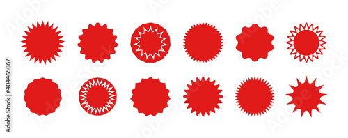 Star stickers. Badges of burst. Red circles for sale and promo. Starburst icons for tags and prices. Design shapes for banner and discount with explosion edge. Set of abstract buttons. Vector