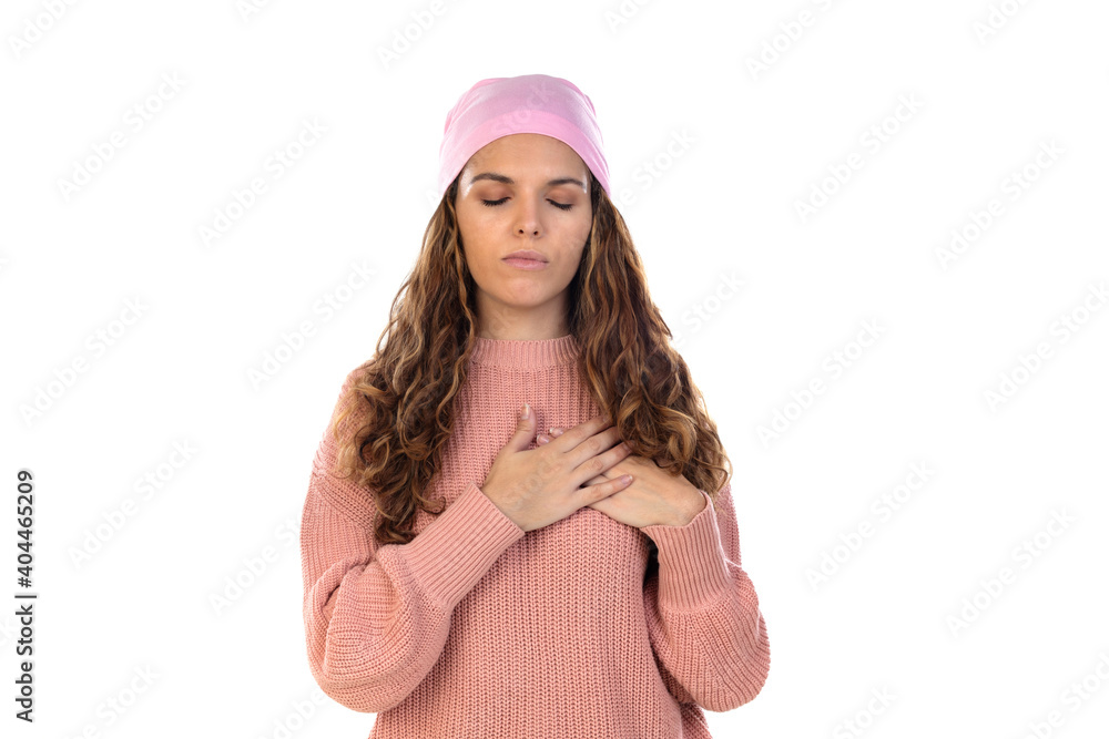 Hopeful woman with cancer wearing a thoughtful pink scarf Hopeful woman with cancer wearing a thoughtful pink scarf