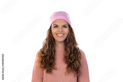 Hopeful woman with cancer wearing a thoughtful pink scarf