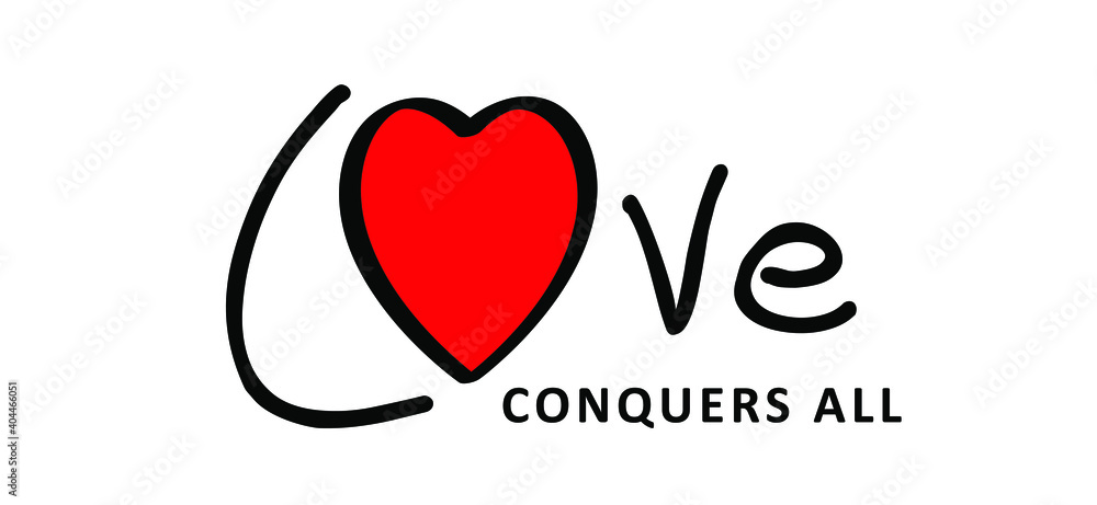 Slogan Love conquers all with heart. Inspirational and motivational quotes. Flat vector hearts sign. Happy valentines day on february 14 ( valentine, valentine’s day ) or romantic, wedding signs Slogan Love conquers all with heart. Inspirational and motivational quotes. Flat vector hearts sign. Happy valentines day on february 14 ( valentine, valentine’s day ) or romantic, wedding signs