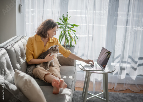 Casual woman in yellow shirt working on laptop with her cat on sofa, sitting together in modern room with window ang green plan