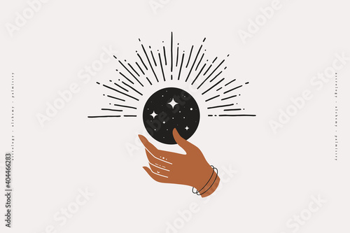 The woman's hand holds a shimmering moon. Magic vector illustration in trendy minimal style. Mystical symbols for spiritual practices, ethnic magic, and astrological rites.
