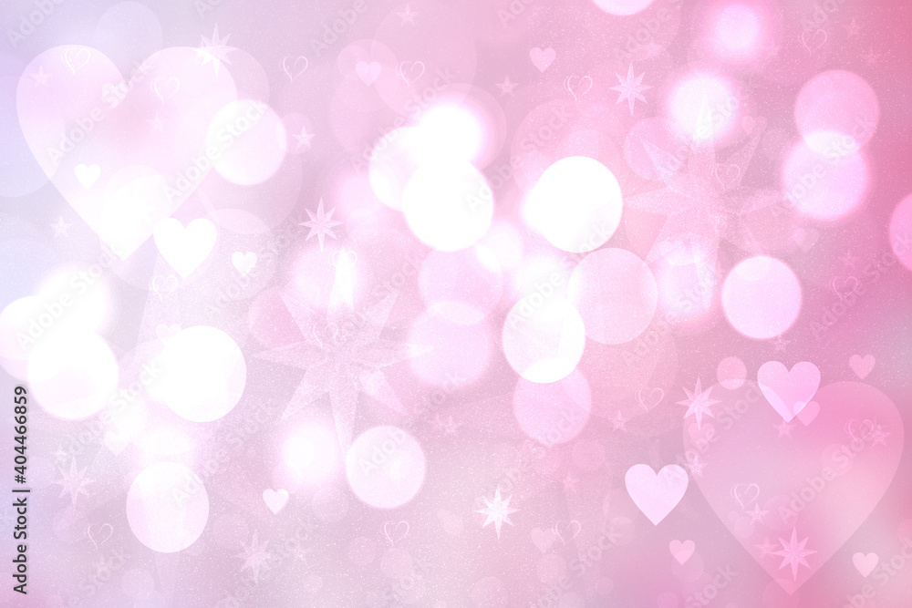 Wedding or valentine day card template. Abstract festive blur bright pink pastel background with pink hearts love bokeh and stars for wedding day.  Romantic textured backdrop with space.