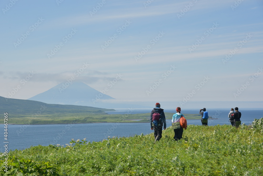 Hikers with daypacks walk along green grassy coast on a distant island with big volcano in the background. Expedition to the Kuril islands to the south from Kamchatka peninsula.