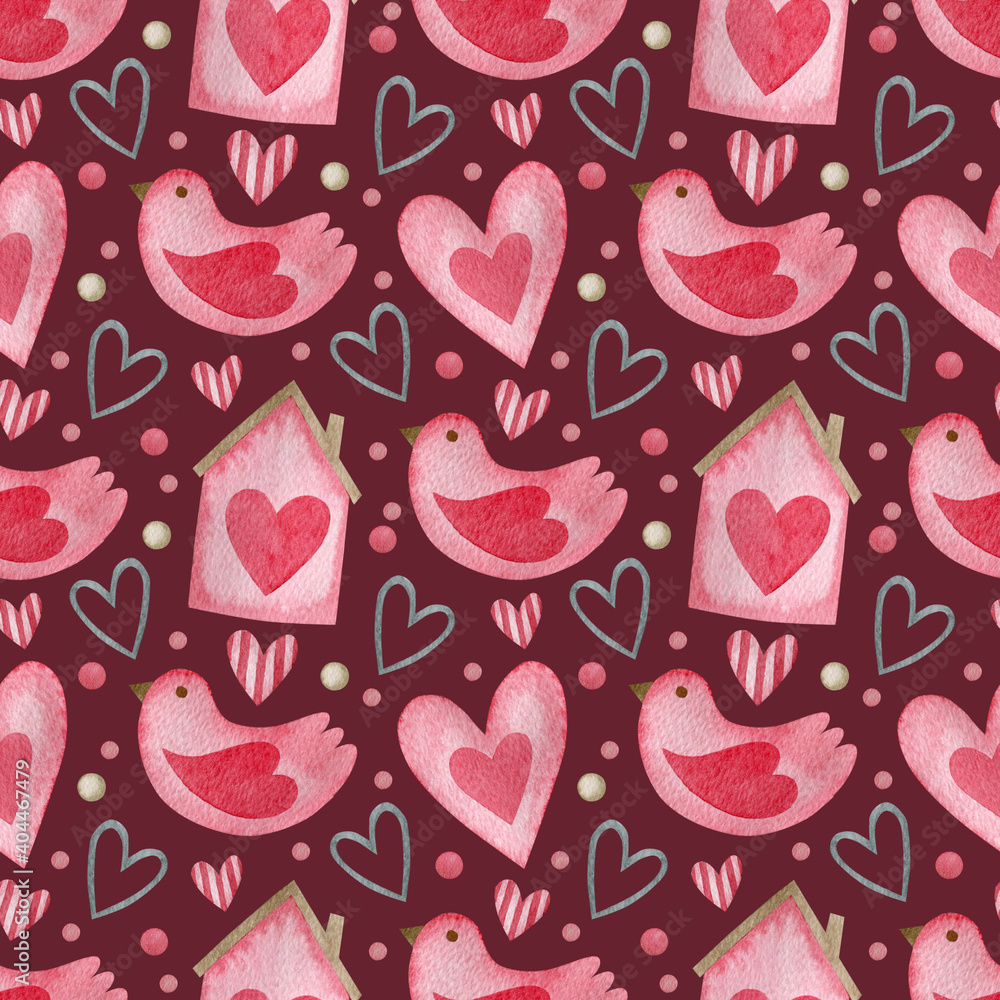 Seamless watercolor pattern on a burgundy background in pink colors for Valentine's Day, Wedding. Seamless watercolor pattern on a burgundy background in pink colors for Valentine's Day, Wedding.