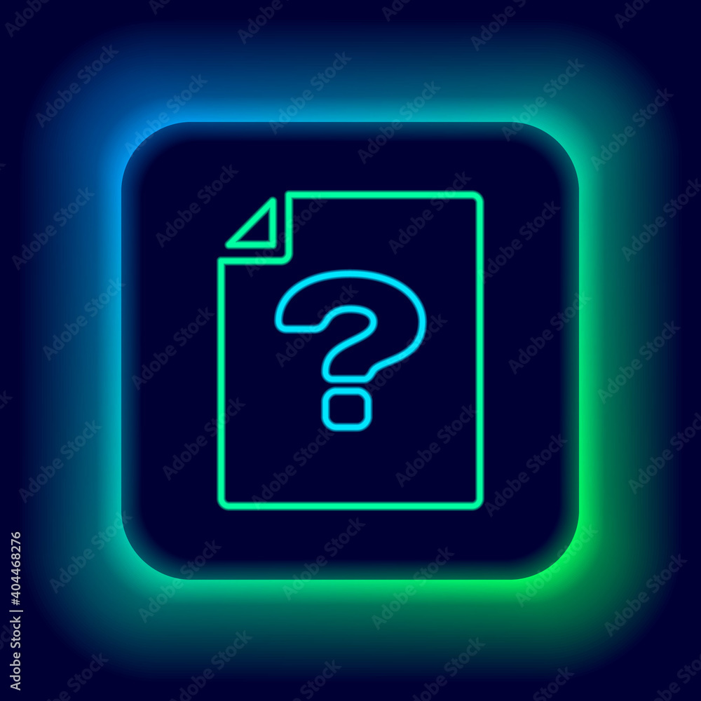 Glowing neon line Unknown document icon isolated on black background. File with Question mark. Hold report, service and global search sign. Colorful outline concept. Vector. Glowing neon line Unknown document icon isolated on black background. File with Question mark. Hold report, service and global search sign. Colorful outline concept. Vector.