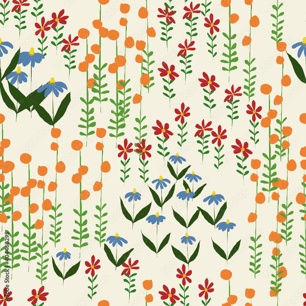 Floral meadow seamless pattern. Stylized multicolored flowers on a sandy background.
