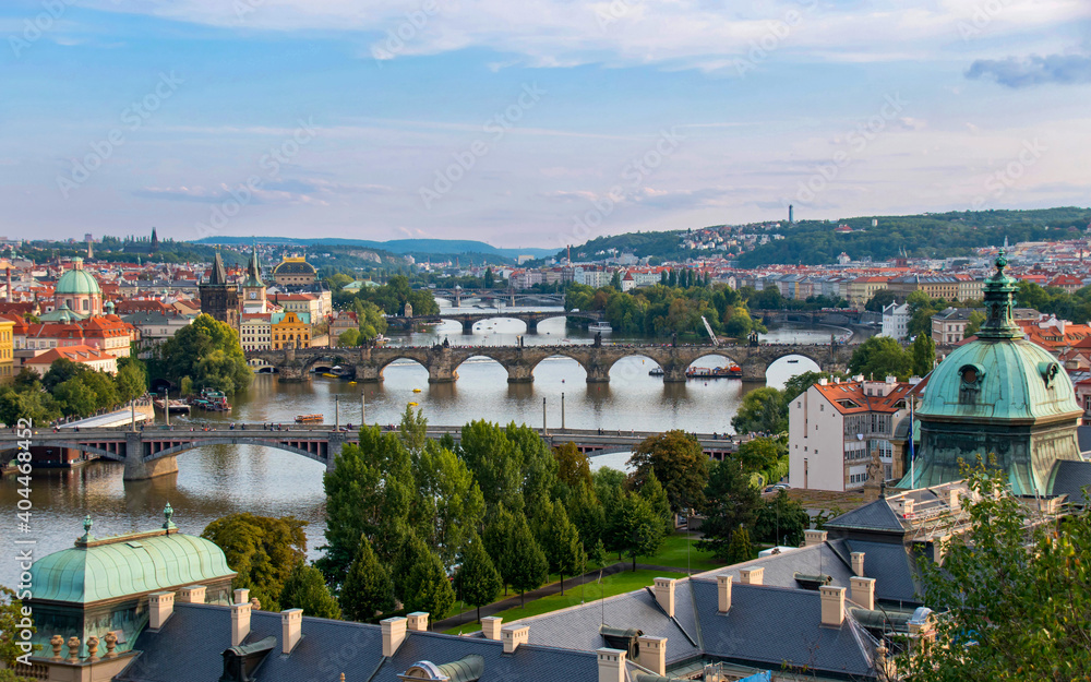 View of the five bridges of Prague from Letensky observation deck