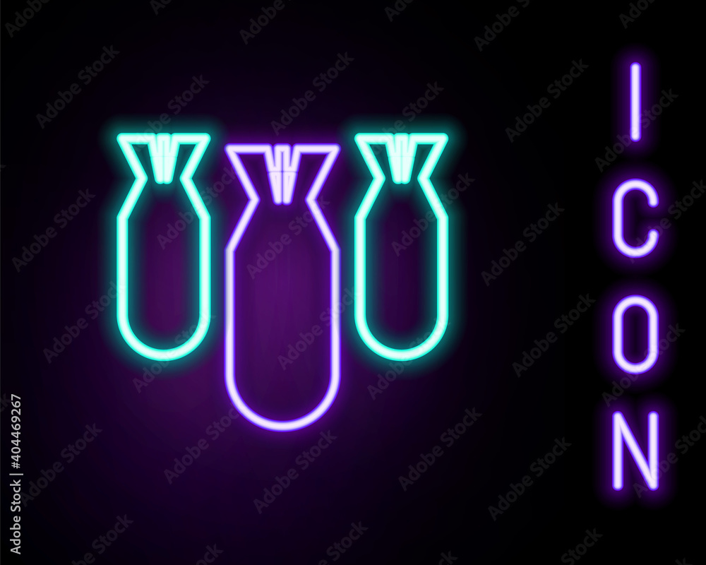 Glowing neon line Aviation bombs icon isolated on black background. Rocket bomb flies down. Colorful outline concept. Vector. Glowing neon line Aviation bombs icon isolated on black background. Rocket bomb flies down. Colorful outline concept. Vector.