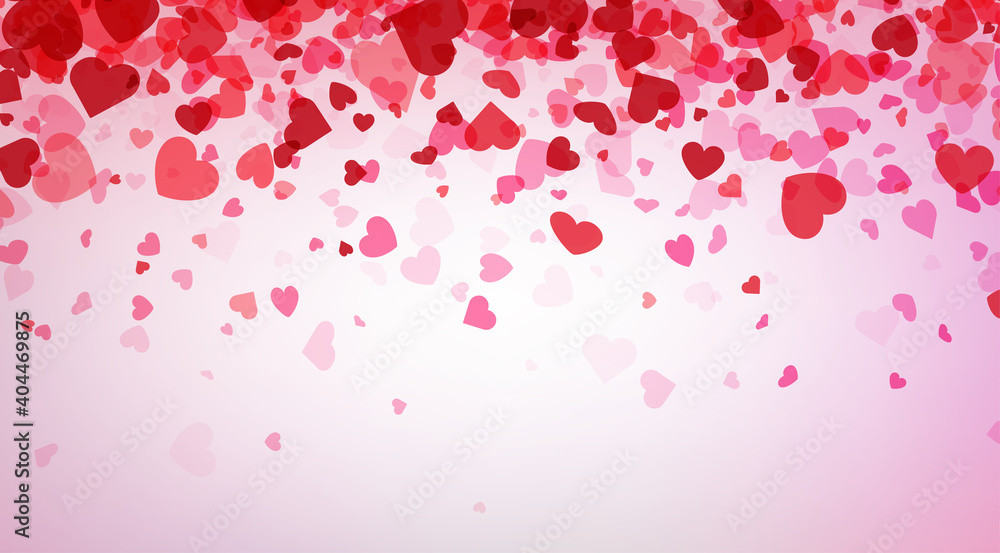Falling red hearts confetti on pink background.