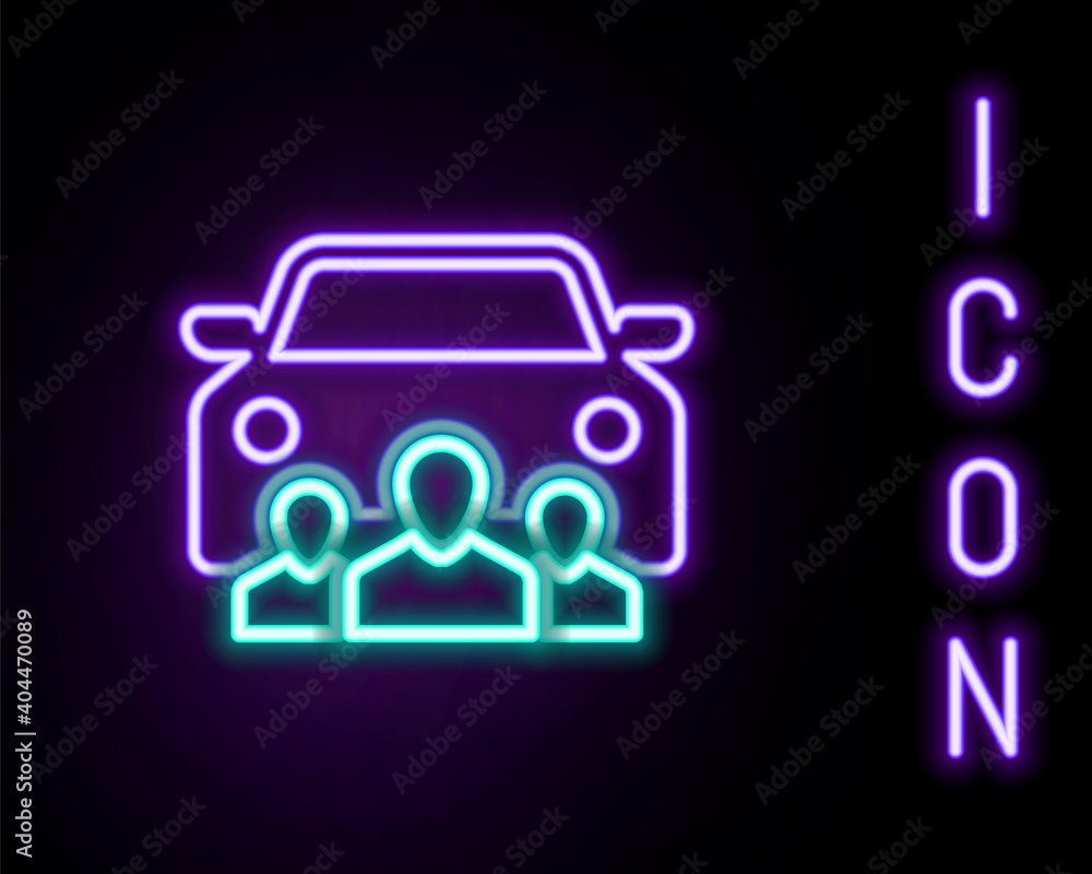 Glowing neon line Car sharing with group of people icon isolated on black background. Carsharing sign. Transport renting service concept. Colorful outline concept. Vector. Glowing neon line Car sharing with group of people icon isolated on black background. Carsharing sign. Transport renting service concept. Colorful outline concept. Vector.