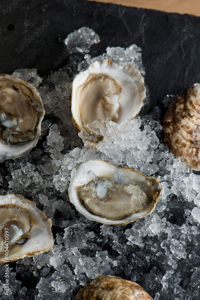 Oysters. Oysters on the half shell. Fresh oysters served with garlic, shallots, cocktail sauce, mignonette sauce and fresh lemons and limes. Classic American steakhouse or French bistro appetizer.