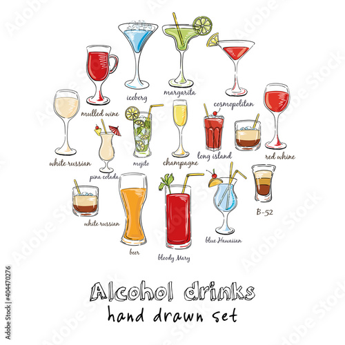 Alcohol drinks. Hand drawn illustration of cocktail, including recipes and ingredients. Vector illustration