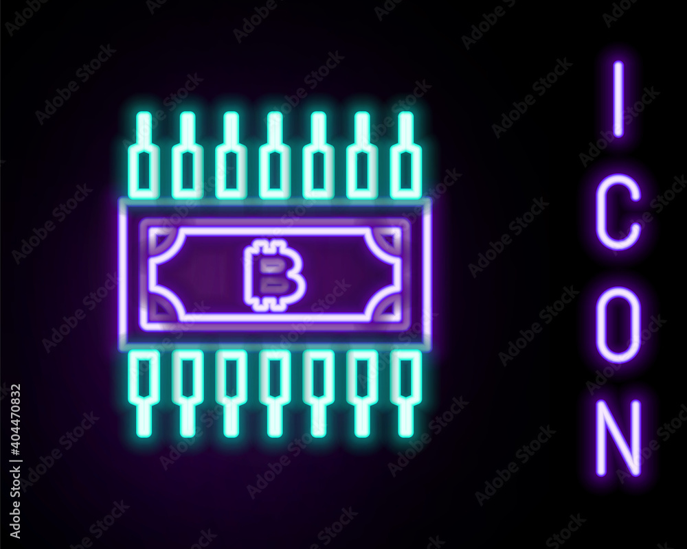 Glowing neon line Cryptocurrency bitcoin in circle with microchip circuit icon isolated on black background. Blockchain technology, digital money market. Colorful outline concept. Vector. Glowing neon line Cryptocurrency bitcoin in circle with microchip circuit icon isolated on black background. Blockchain technology, digital money market. Colorful outline concept. Vector.