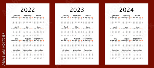 Yearly calendar for 2022 2023 2024 years, vertical A4 format, week starts Monday. Annual calendar template for business and office. Big letter size wall calendar. Annual planner with blank frame