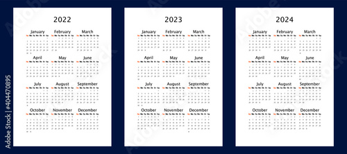 Yearly calendar for 2022 2023 2024 years, vertical A4 format, week starts Sunday. Annual calendar template for business and office. Small letter size wall calendar. Annual planner with blank frame
