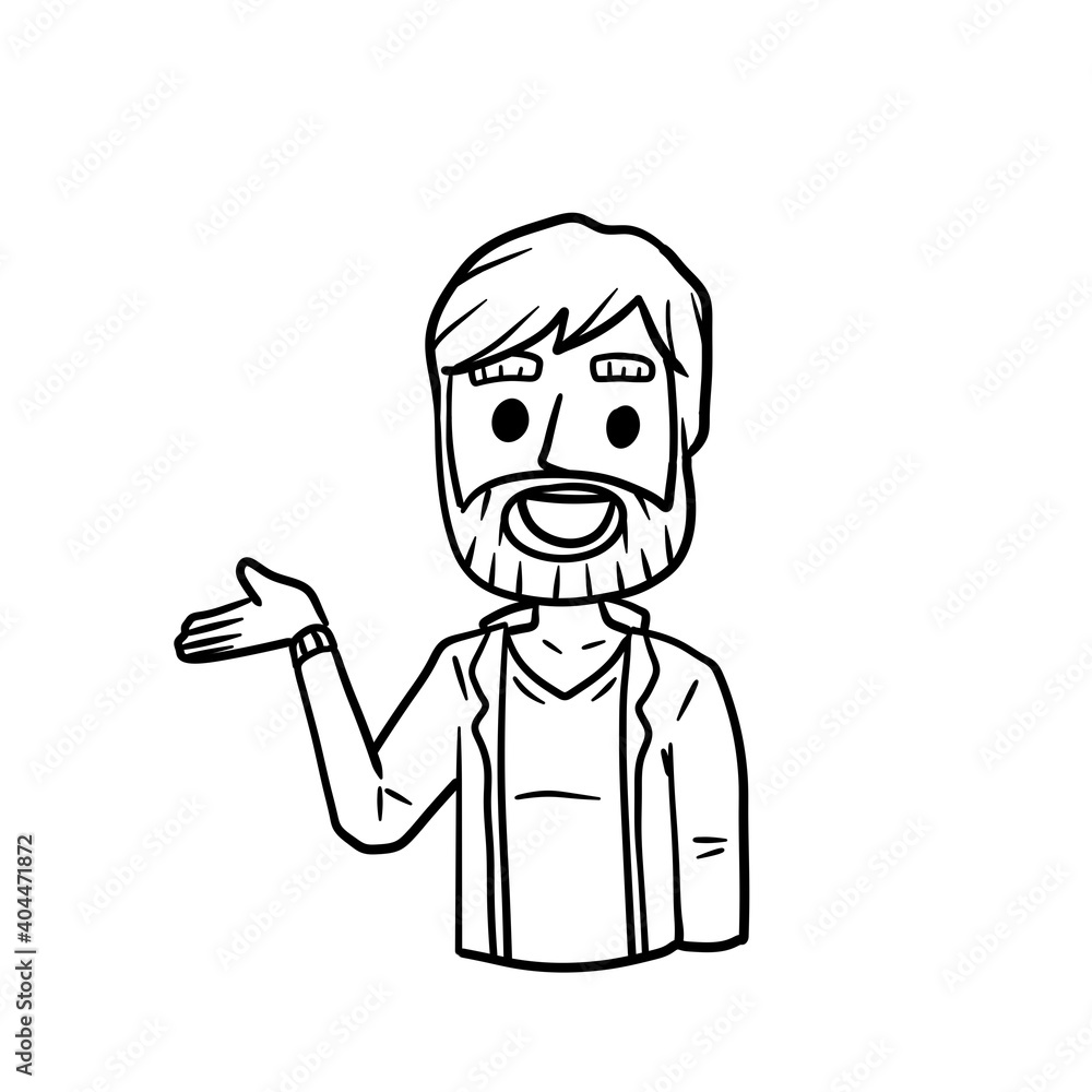 Man with Spread hands. Smiling young guy. Doubt and timidity. Hand drawn sketch cartoon. Uncertainty and shrugging. Funny illustration Man with Spread hands. Smiling young guy. Doubt and timidity. Hand drawn sketch cartoon. Uncertainty and shrugging. Funny illustration