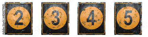 Set of public road sign orange and black color with a numbers 2, 3, 4, 5 in the center isolated on white background. 3d