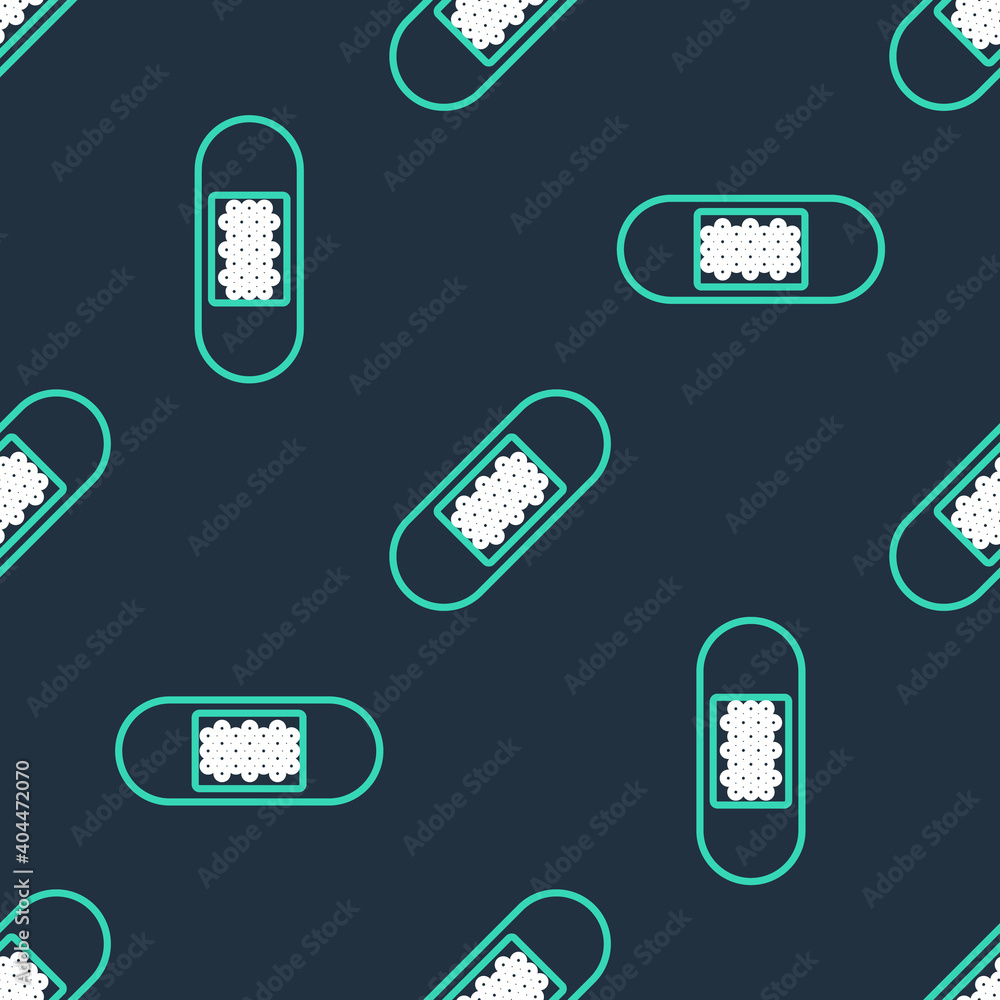 Line Bandage plaster icon isolated seamless pattern on black background. Medical plaster, adhesive bandage, flexible fabric bandage. Vector. Line Bandage plaster icon isolated seamless pattern on black background. Medical plaster, adhesive bandage, flexible fabric bandage. Vector.
