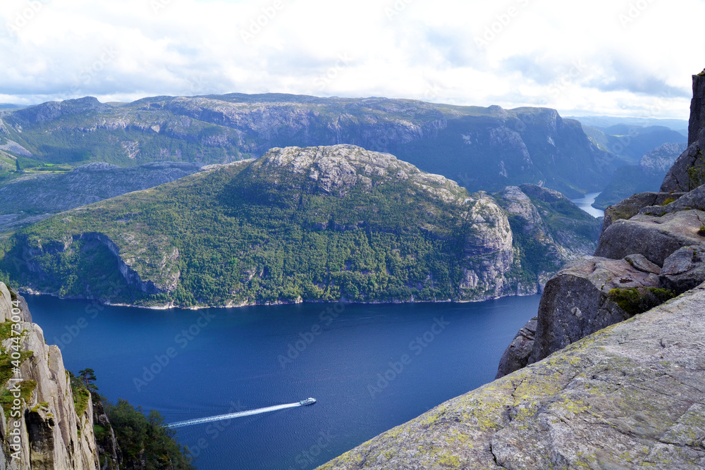 Lysefjord aerial panoramic view from the top of the Preikestolen cliff near Stavanger. Preikestolen or Pulpit Rock is a famous tourist attraction in Norway.