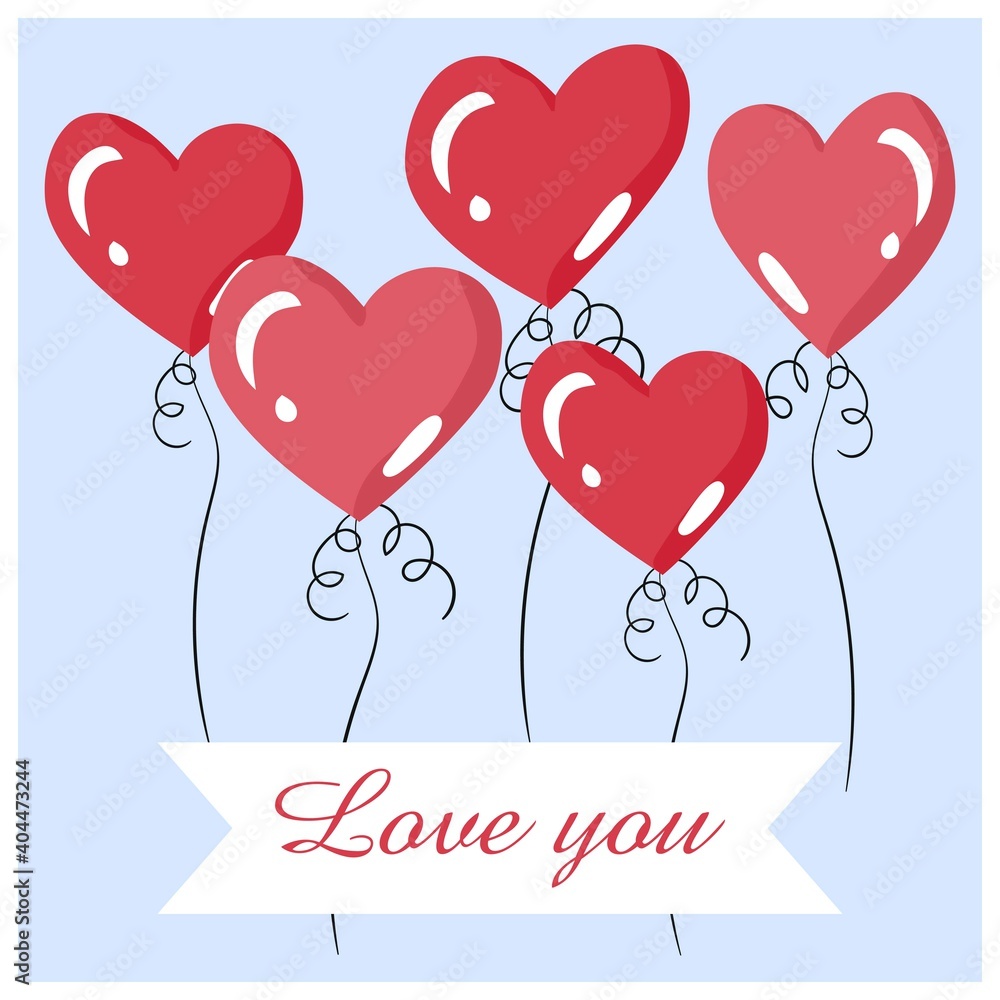 Heart shaped balloons. The inscription I love you. Set of flat isolated vector illustrations.