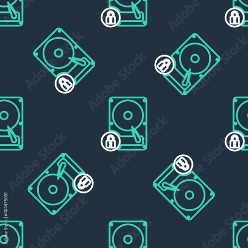 Line Hard disk drive and lock icon isolated seamless pattern on black background. HHD and padlock. Security, safety, protection concept. Vector.