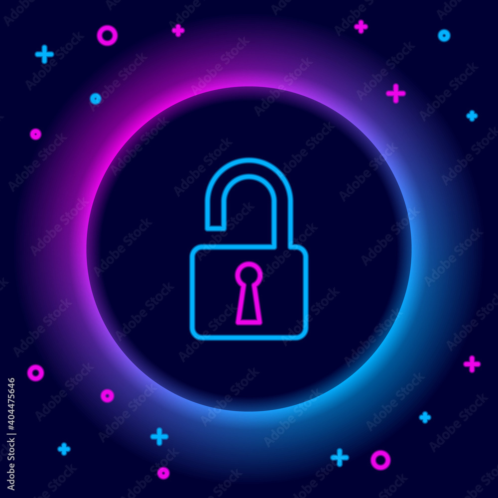 Glowing neon line Open padlock icon isolated on black background. Opened lock sign. Cyber security concept. Digital data protection. Safety safety. Colorful outline concept. Vector. Glowing neon line Open padlock icon isolated on black background. Opened lock sign. Cyber security concept. Digital data protection. Safety safety. Colorful outline concept. Vector.