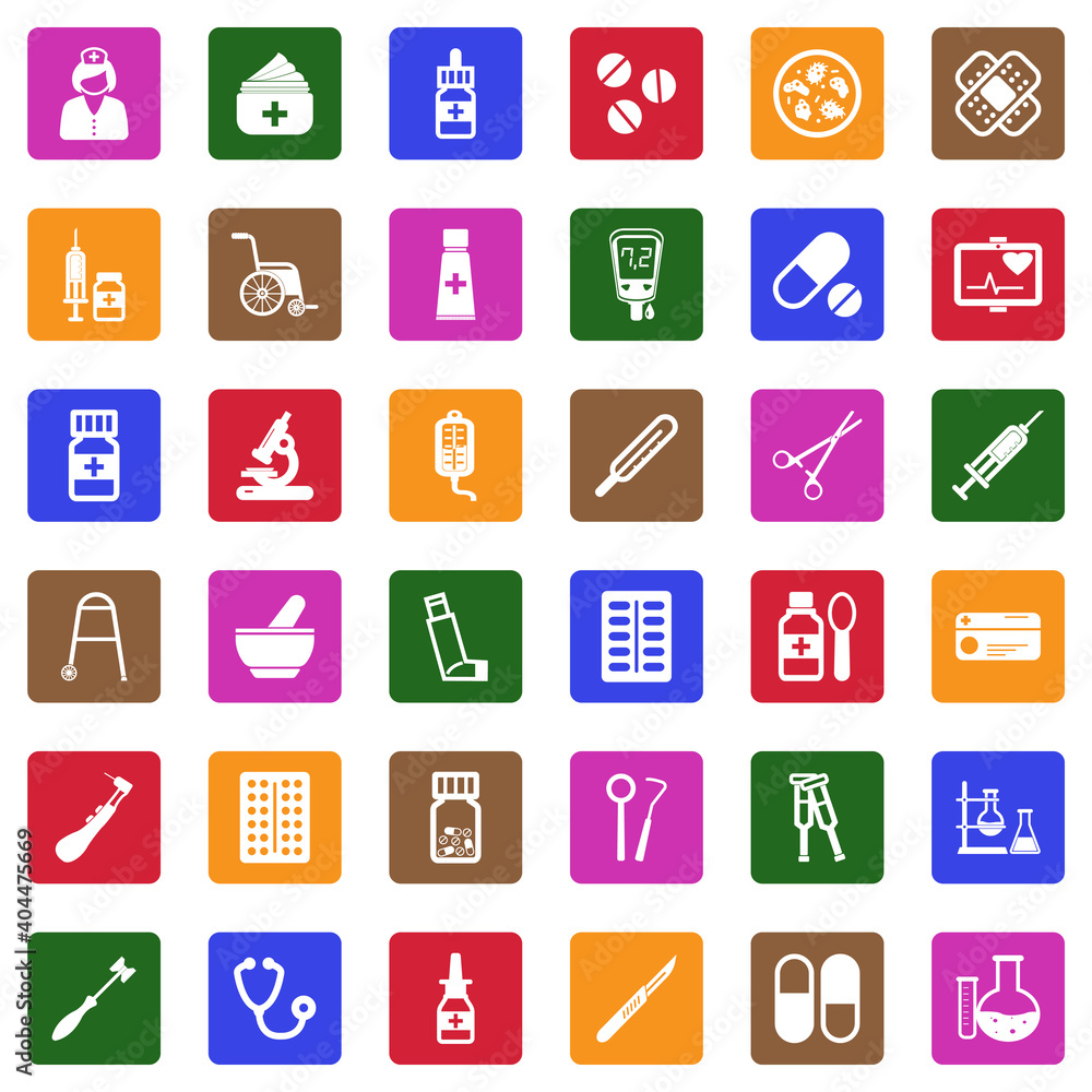 Pharmacy Icons. White Flat Design In Square. Vector Illustration. Pharmacy Icons. White Flat Design In Square. Vector Illustration.