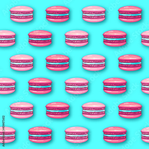 Seamless pattern of pink sweet macarons cakes on blue background. French macaroons. Junk food background