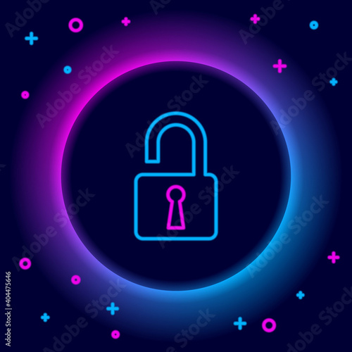Glowing neon line Open padlock icon isolated on black background. Opened lock sign. Cyber security concept. Digital data protection. Safety safety. Colorful outline concept. Vector.