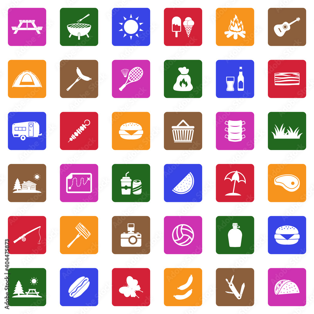Picnic Icons. White Flat Design In Square. Vector Illustration. Picnic Icons. White Flat Design In Square. Vector Illustration.