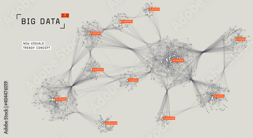 Abstract big data visualization. Cluster analysis. Cloud data storage representation. Distributed network. Social media graph. Global data.