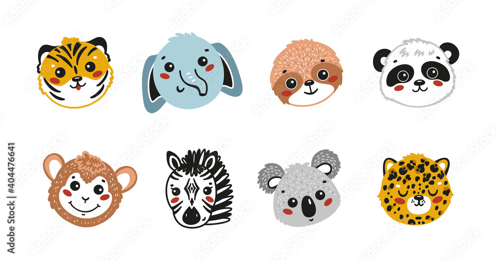 Fototapeta premium Cartoon Cute Animal Faces Vector Set. Doodle Wild Animals: Tiger, Elephant, Sloth, Panda, Monkey, Zebra, Koala and Leopard 
