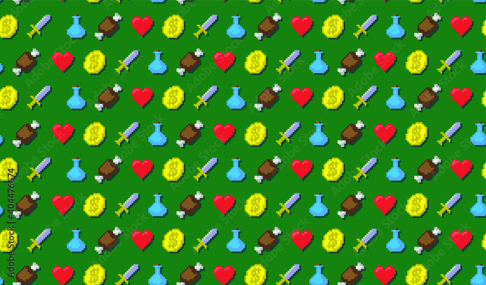 Seamless pattern 8-bit pixel graphics Video Game icon. Signs Heart, Sword,  Coin, Potion Bottle. Pixel art Background for design, wallpaper, web.  Vector Stock Vector | Adobe Stock