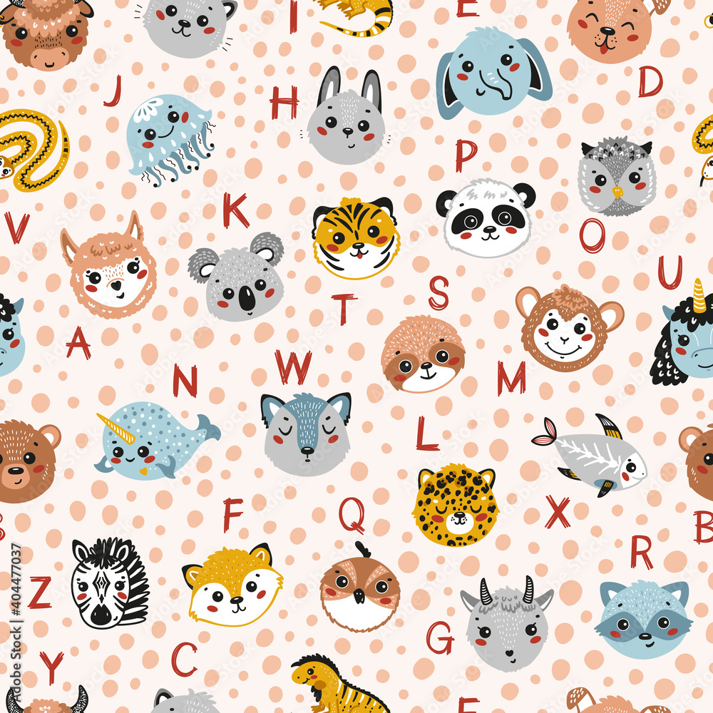 Fototapeta premium Cute Animal Alphabet Seamless Pattern. Cartoon Funny Baby Animals Faces and Doodle Latin Letters. Childish Vector ABC Background