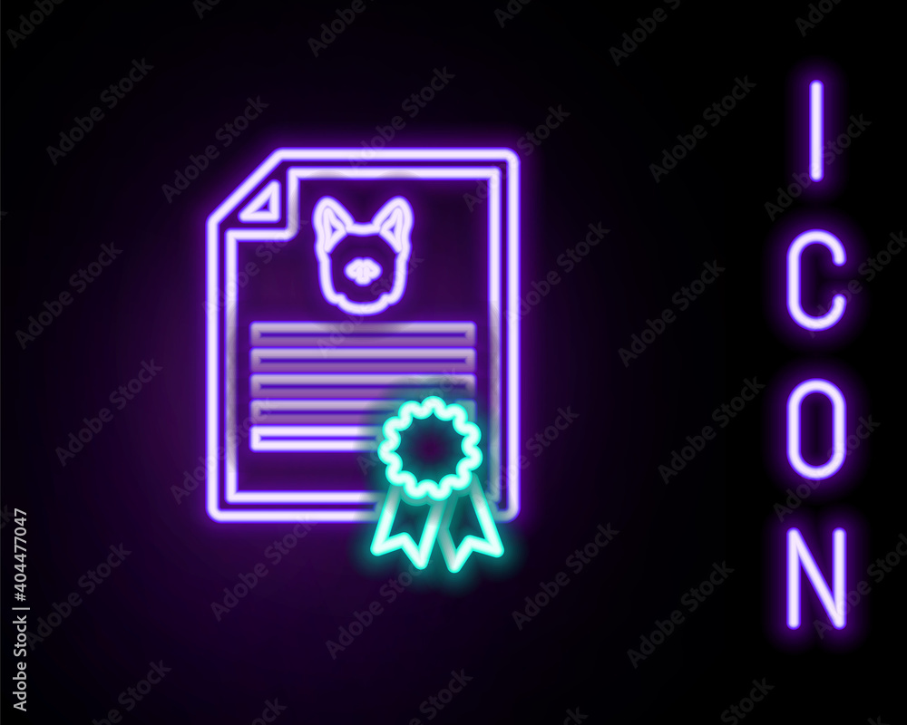 Glowing neon line Medical certificate for travel with dog or cat icon isolated on black background. Document for pet. Dog or cat paw print. Colorful outline concept. Vector. Glowing neon line Medical certificate for travel with dog or cat icon isolated on black background. Document for pet. Dog or cat paw print. Colorful outline concept. Vector.