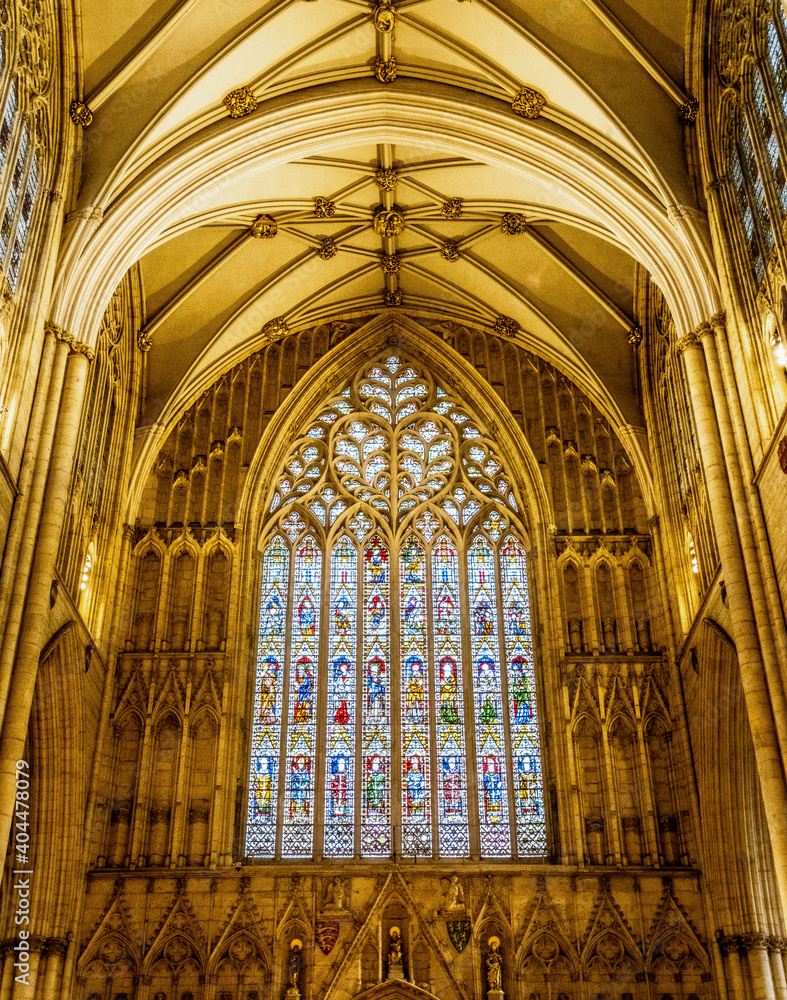 Stained Glass Window Above The Altar At York Minister Cathedral