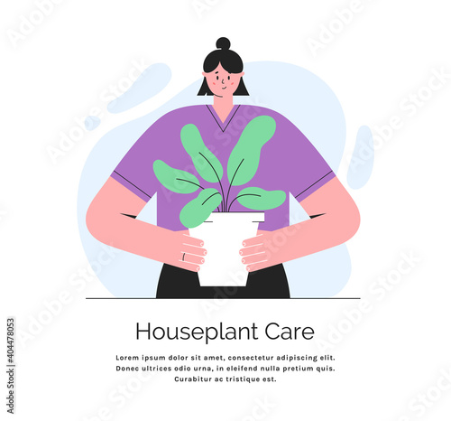 Woman with plant in the pot. Houseplant care banner. Vector.