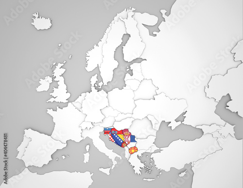 3D Europakarte auf der die Nachfolgestaaten des ehemaligen Staates Jugoslawien hervorgehoben werden