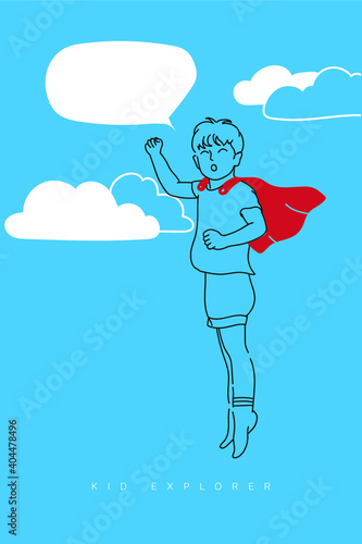 A boy standing on the small ladder imagine that he wearing the cape and fly to the sky with cloud.