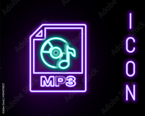 Glowing neon line MP3 file document. Download mp3 button icon isolated on black background. Mp3 music format sign. MP3 file symbol. Colorful outline concept. Vector.