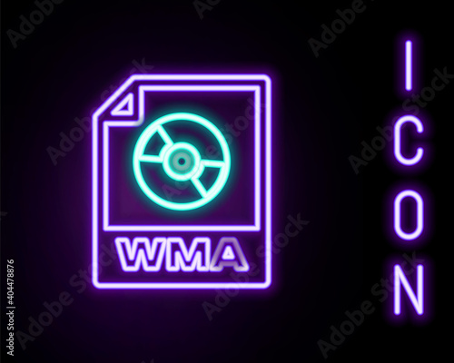 Glowing neon line WMA file document. Download wma button icon isolated on black background. WMA file symbol. Wma music format sign. Colorful outline concept. Vector.