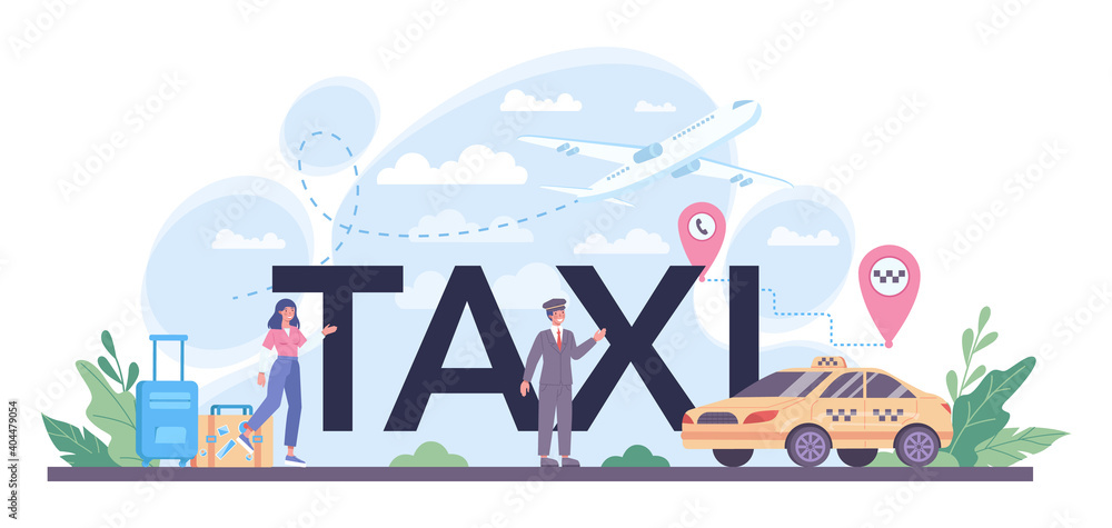 Taxi typographic header. Yellow taxi car. Automobile cab with driver