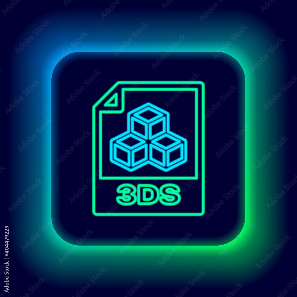 Glowing neon line 3DS file document. Download 3ds button icon isolated on black background. 3DS file symbol. Colorful outline concept. Vector. Glowing neon line 3DS file document. Download 3ds button icon isolated on black background. 3DS file symbol. Colorful outline concept. Vector.