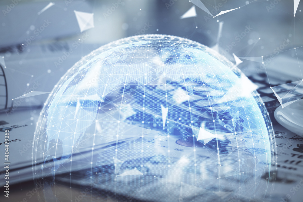 Double exposure of business theme drawings and desk with open notebook background. Concept of international market Double exposure of business theme drawings and desk with open notebook background. Concept of international market