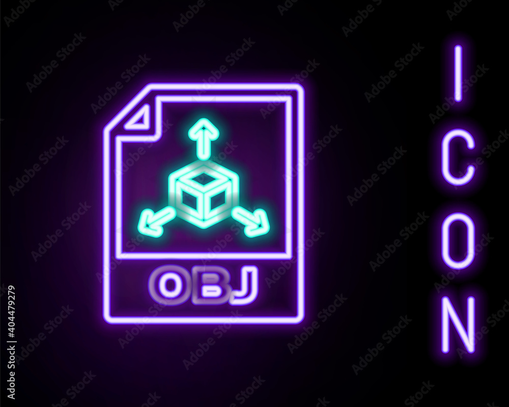 Glowing neon line OBJ file document. Download obj button icon isolated on black background. OBJ file symbol. Colorful outline concept. Vector. Glowing neon line OBJ file document. Download obj button icon isolated on black background. OBJ file symbol. Colorful outline concept. Vector.