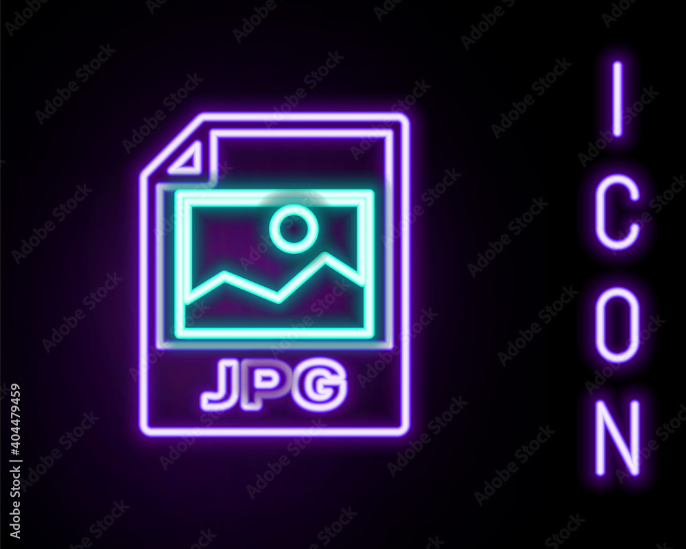 Glowing neon line JPG file document. Download image button icon isolated on black background. JPG file symbol. Colorful outline concept. Vector. Glowing neon line JPG file document. Download image button icon isolated on black background. JPG file symbol. Colorful outline concept. Vector.