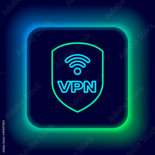 Glowing neon line Shield with VPN and wifi wireless internet network symbol icon isolated on black background. VPN protect safety concept. Colorful outline concept. Vector.