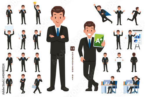 businessman character set in five head to body ratio scale. Working and general situation pose of staff.